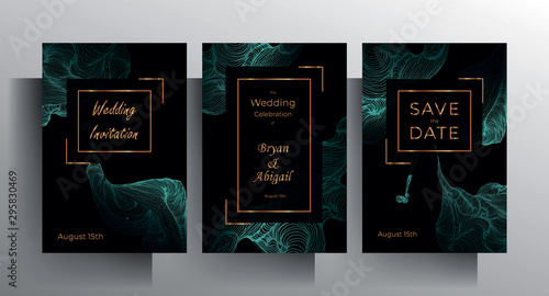 Design wedding invitation template set. Turquoise texture elements and golden frames on a black background are hand-drawn. Vector 10 EPS. photo