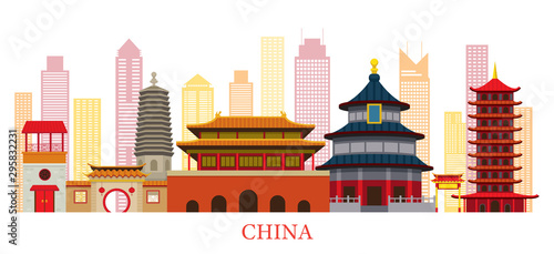 China Skyline Landmarks in Flat Style