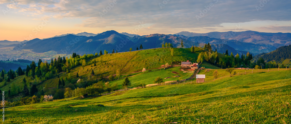 Fototapeta Beautiful landscape mountain hill meadow sunrise morning village Bucovina Romania