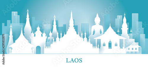 Laos Skyline Landmarks In Paper Cutting Style