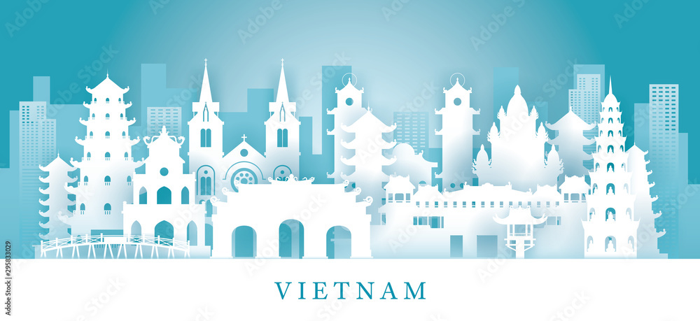 Vietnam Skyline Landmarks in Paper Cutting Style