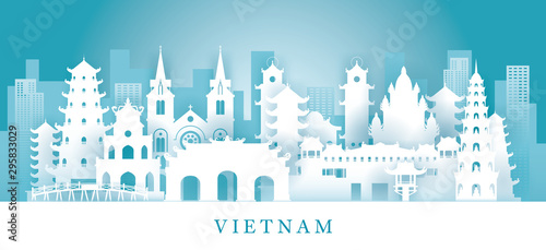 Vietnam Skyline Landmarks in Paper Cutting Style