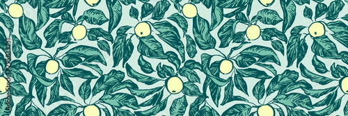 Vintage hand drawing apple tree branches seamless pattern. Vector fruit and leaf on blue background. Graphic grunge endless ink drawn illustration