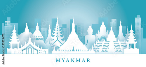 Myanmar Skyline Landmarks in Paper Cutting Style