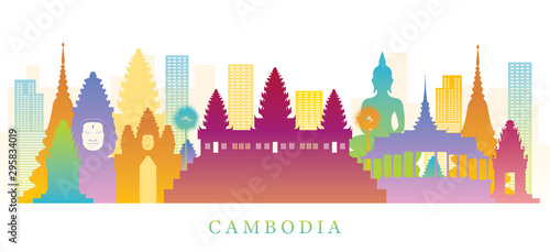 Cambodia Skyline Landmarks Colorful Silhouette Background