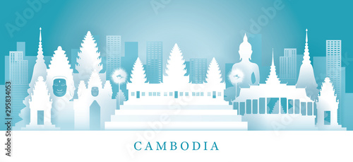 Cambodia Skyline Landmarks in Paper Cutting Style photo