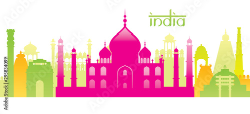 India Skyline Landmarks Colorful Silhouette Background