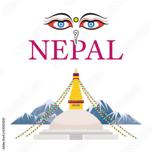Nepal Landmarks with Eyes of the Buddha, Mount Everest Background