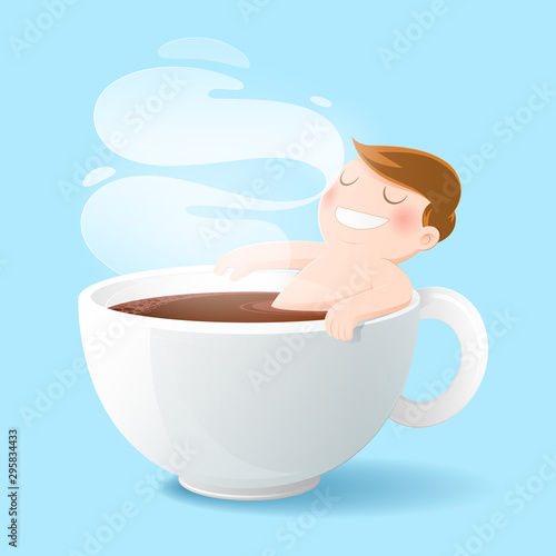 Good morning coffee cup,Concept with digital art drawing vector illustration about caffeine addiction men who bathe his love black coffee.