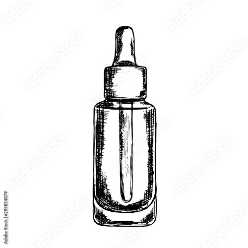 Vector hand drawn dropper bottle for medical or cosmetic fluid, serum, drops, oil. Isolated on white background. Sketched mockup of cosmetic package.
