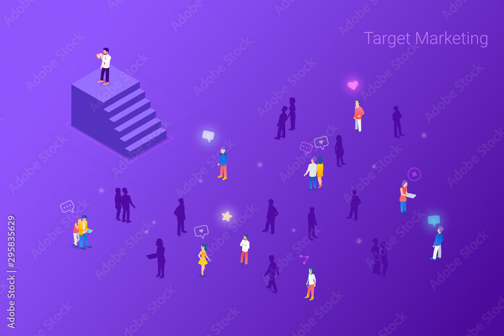 Target focus group audience for Advertising PR Marketing Isometric Flat vector illustration concept. Targeting in Crowd of People. Target focus group audience for Advertising PR Marketing Isometric Flat vector illustration concept. Targeting in Crowd of People.
