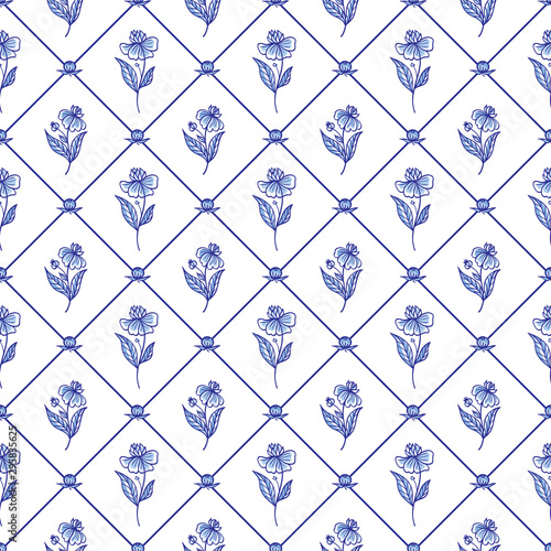 Seamless pattern in folk style, rhombuses and flowers. Dutch, oriental style, Gzhel, print for fabric, painting for dishes, etc.