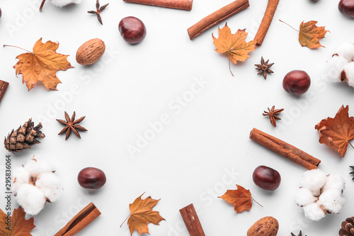 Composition with autumn leaves and spices on white background