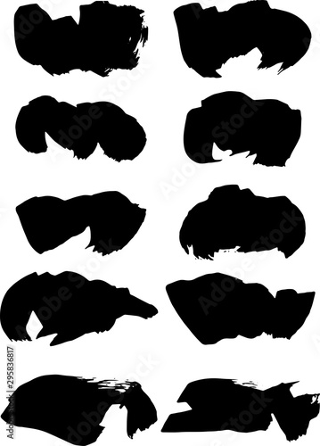 Vector grunge brush, spots. Abstract brush strokes with a dry brush. Set of ink blots. Black backdrops.