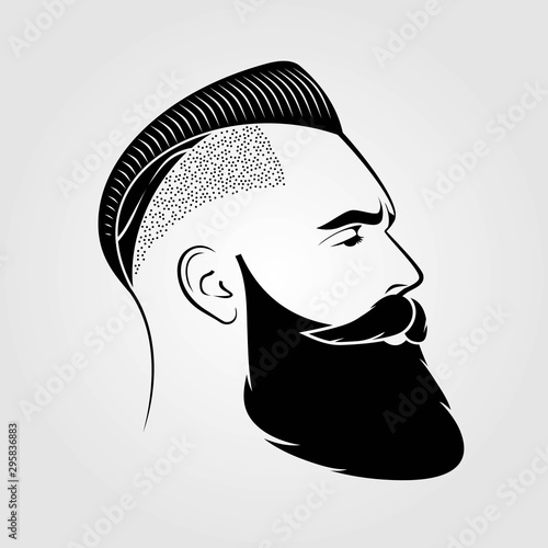 Bearded men, hipster face. Fashion silhouette, emblem, icon, label. Vector illustration.