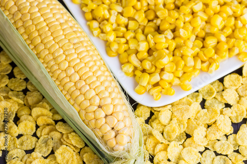 Raw corn cob, and cornflakes. Close up.