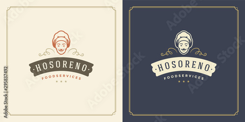 Restaurant logo template vector illustration chef man face in hat silhouette