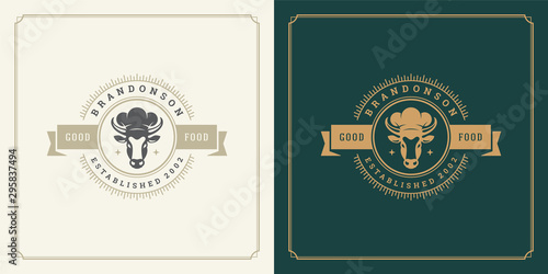 Restaurant logo template vector illustration cow head in chef hat silhouette