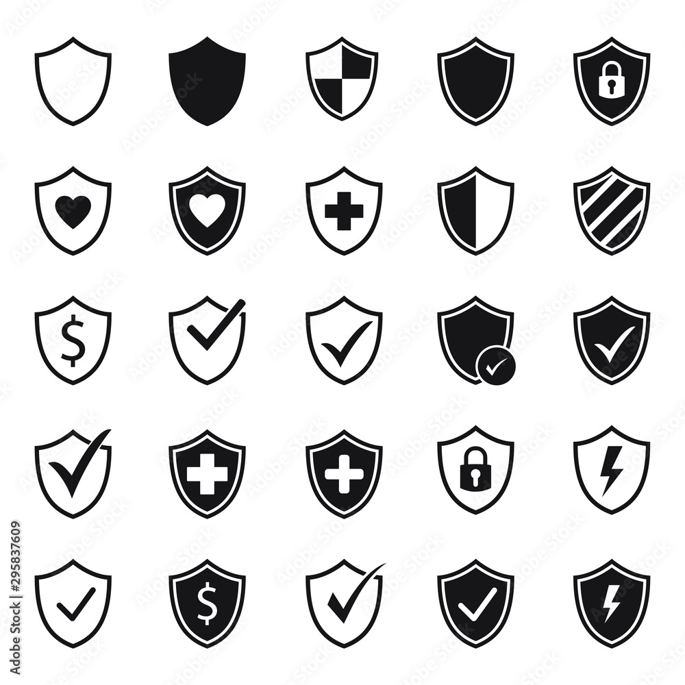 Vector shield protection icon set black on white Vector shield protection icon set black on white