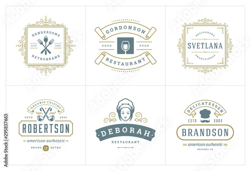 Restaurant logos templates set vector illustration good for menu labels and cafe badges