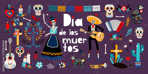 Day of Dead, Dia de los muertos, flat vector illustrations set. Sugar mexican skulls, skeletons in mexican traditional clothes. Cat, cactus, candle isolated cliparts. Holiday stickers, patches pack