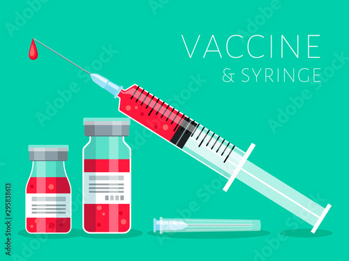 Vaccine and syringe vector illustration. Injection and red liquid in vials. Healthcare and immunity protection concept. Preventive medicine and immunization banner, poster, template