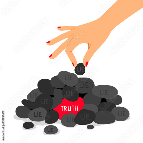 Truth and lie concept vector illustration. True and fake information. Correct and false answers metaphor. Cartoon female hand holding stone isolated on white background. Myth, dishonesty idea