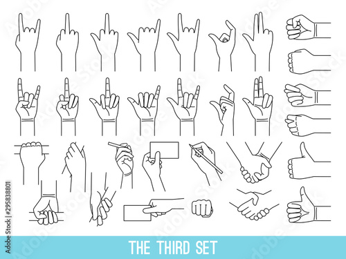 Hands showing gestures outline illustrations set. Arm holding bar, handrail isolated cliparts on white background. Cool, good symbols pack. Handshake, fist. Nonverbal language design elements