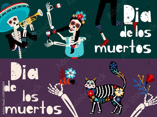 Dia de los muertos flat vector greeting card templates set. Traditional Mexican and Spanish holiday celebration banner layouts collection. Day of Dead party invitation cartoon designs pack