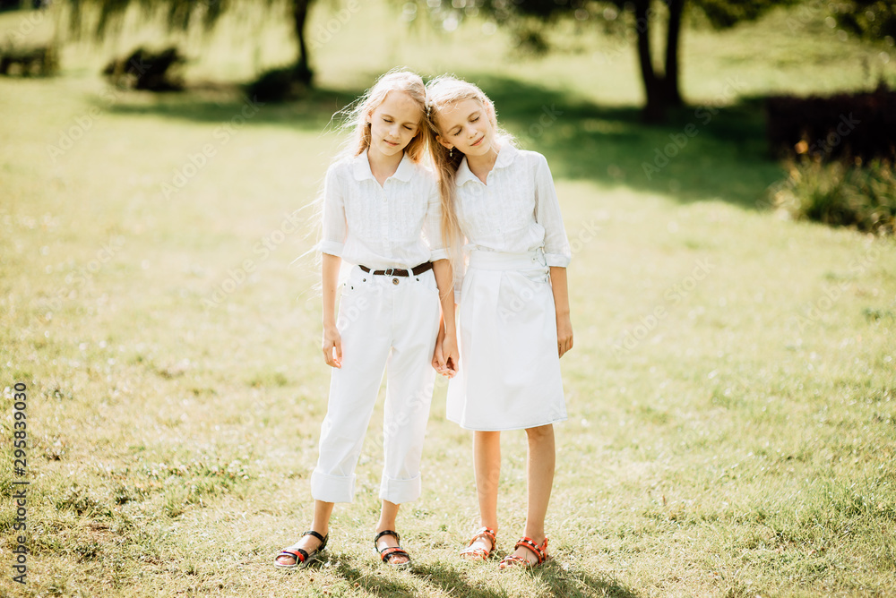 Fototapeta premium little children play in the park, two girls with long hair have rest outdoors