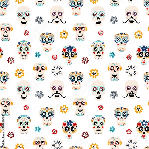 Sugar skulls flat vector seamless pattern. Skeleton heads with flowers on white background. Day of Dead festival texture. Dia de los muertos mexican holiday wrapping paper, textile, fabric design