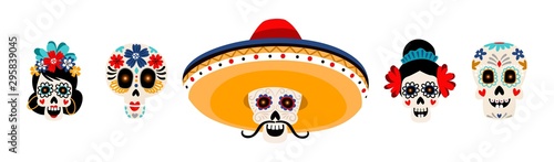 Sugar mexican skulls flat vector illustrations set. Skeleton heads with flowers isolated on white background. Skull with mustache in sombrero hat. Dia de los muertos holiday traditional decoration