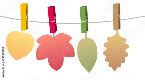 Autumn leaves, blank colored paper leaves to be labeled, fixed with clothes pins on a clothes line rope. Isolated vector illustration on white background.