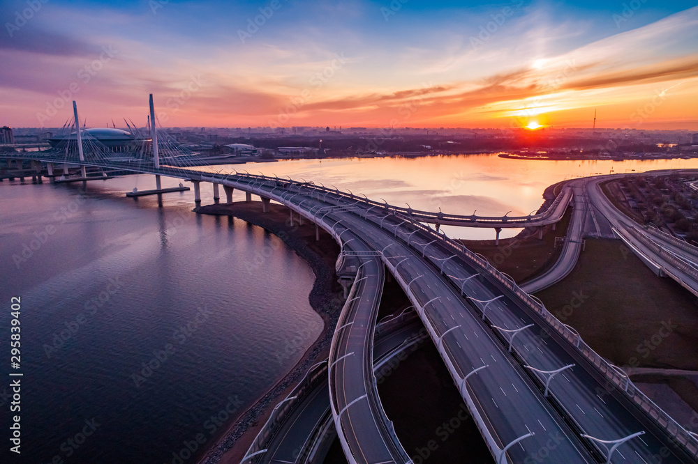 Bridge to Saint Petersburg. Russia. The gulf of finland. Expressway to Petersburg. Highways of St. Petersburg. Neva. Road architecture of Russia. A trip to Russia. Highway. Russians roads.