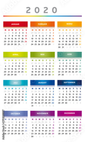 Calendrier 2020 - 3 Colonnes / 4 Trimestres - Couleurs Arc-en-Ciel - Allemand