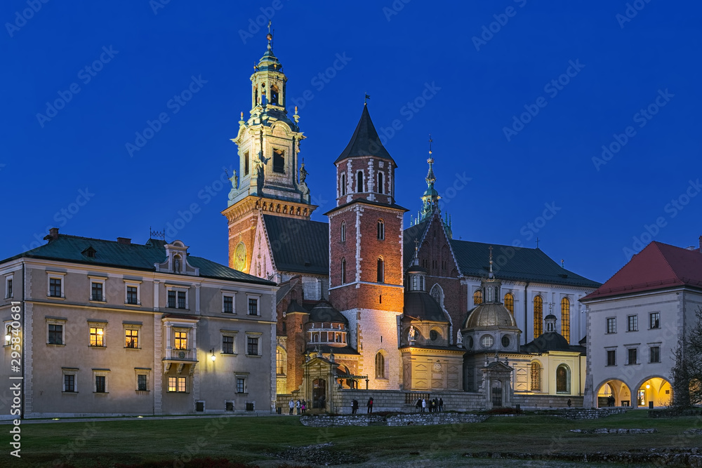 Krakow, Poland.  Wawel Cathedral or The Royal Archcathedral Basilica of Saints Stanislaus and Wenceslaus on Wawel Hill in twilight.