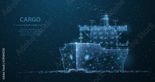 Worldwide cargo ship. Polygonal wireframe mesh art. Transportation, logistic, shipping concept illustration or background