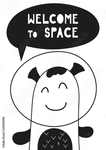 czarno-bialy-plakat-do-projektu-skandi-z-zabawnym-kosmita-w-skandynawskim-stylu-ilustracja-wektorowa-ilustracja-dla-dzieci-ubrania-karty-z-pozdrowieniami-otoki-witamy-w-kosmosie