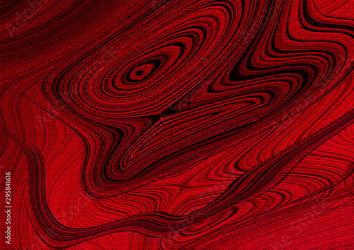 Abstract background out of rounded shapes with wavy stripes of red and black shades covered a grid of a fluted texture.