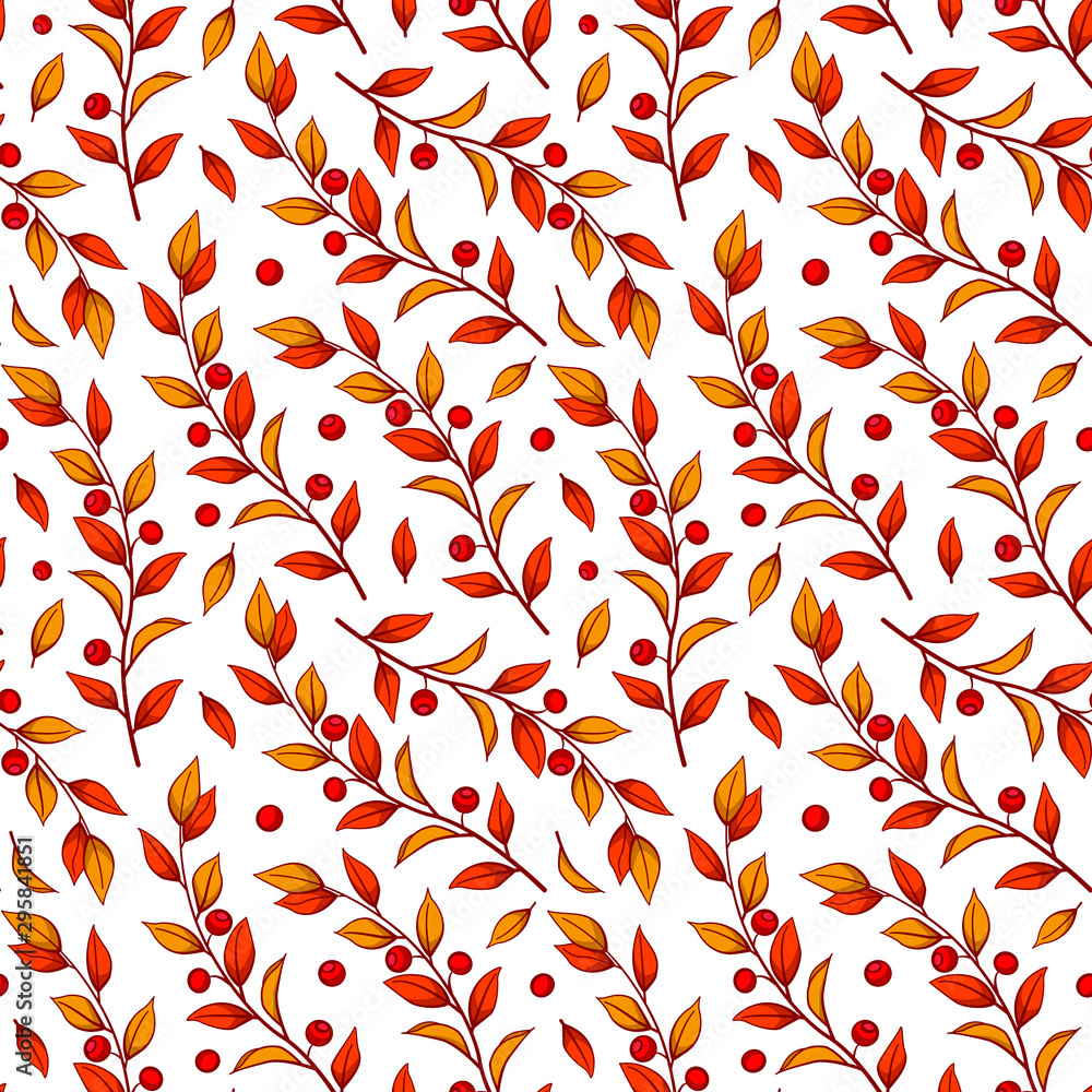 Floral seamless pattern with autumn branches, leaves and berries. Autumn background for fabric, wallpaper, textile, package, tablecloth, web design. Isolated on white. Floral seamless pattern with autumn branches, leaves and berries. Autumn background for fabric, wallpaper, textile, package, tablecloth, web design. Isolated on white.