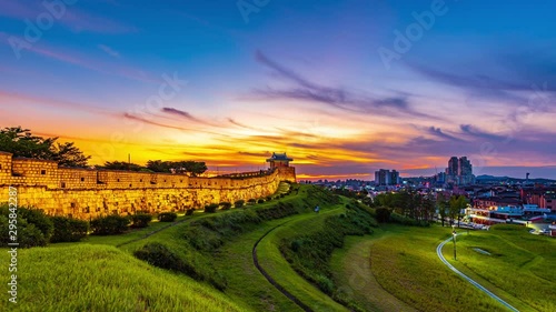 Time lapse day to night,Hwaseong Fortress in Suwon, Hwaseong Fortress is the wall surrounding the center of Suwon,South Korea. photo