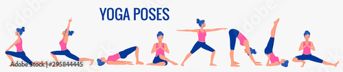 Various yoga poses set. Female yoga vector illustration. Healthy lifestyle.