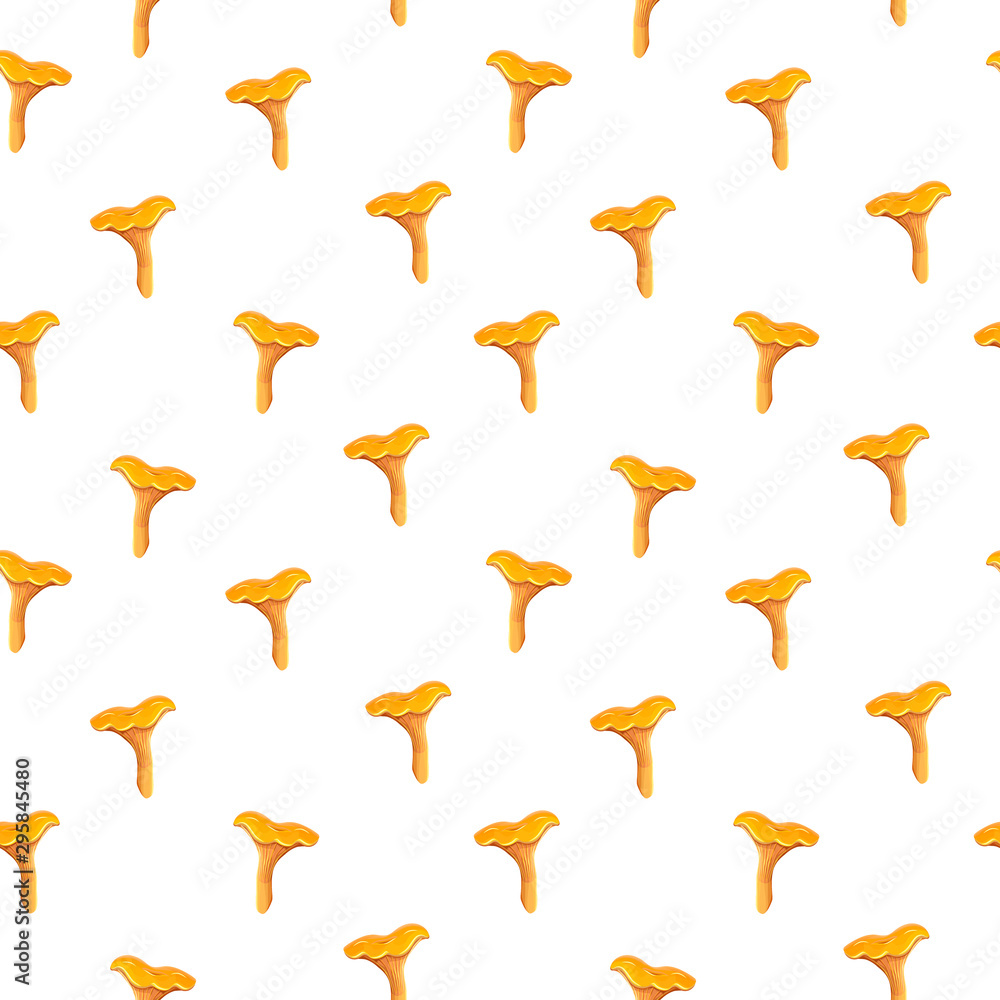 Fototapeta premium seamless chanterelle mushroom pattern on white backdrop. realistic orange edible mushroom background. cartoon chanterelle mushroom template for print, package decor, wrapping paper, backgrounds.