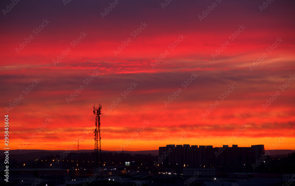 evening sunset in the city, dramatic red sky