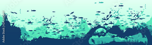 Fototapeta Naklejka Na Ścianę i Meble -  Silhouette of fish and algae on the background of reefs. Underwater ocean scene. Deep blue water, coral reef and underwater plants. a beautiful underwater scene; a vector seascape with reef.