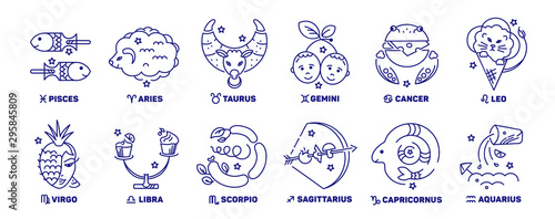 Vector set of kids Zodiac signs, stars, constellations blue color on a white background. Logo, tattoo or illustration. Astrological forecast, horoscope for a single sign cover.
