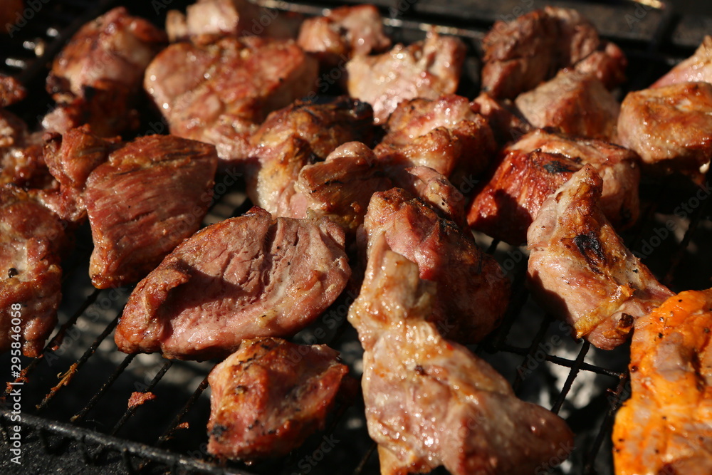 Mixed grilled meat platter. Assorted delicious grilled meat. The closeup of some meat skewers being grilled in a barbecue. grilled meat skewers, barbecue.