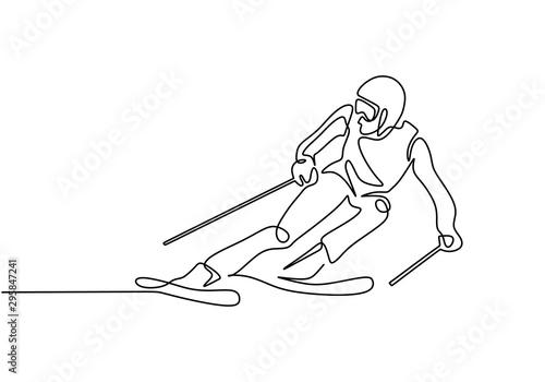 Continuous line ski racer drawings vector illustration. Man doing winter sport theme.