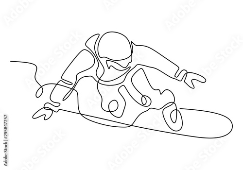 Vector illustration of skiing young pro guy in the mountains, and snowboarding. Continuous one line drawing. Minimalism design.