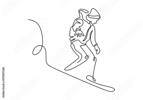 One line drawing of man doing winter sport. Person of ski racer minimalism hand drawn sketch lineart vector illustration editable stroke.